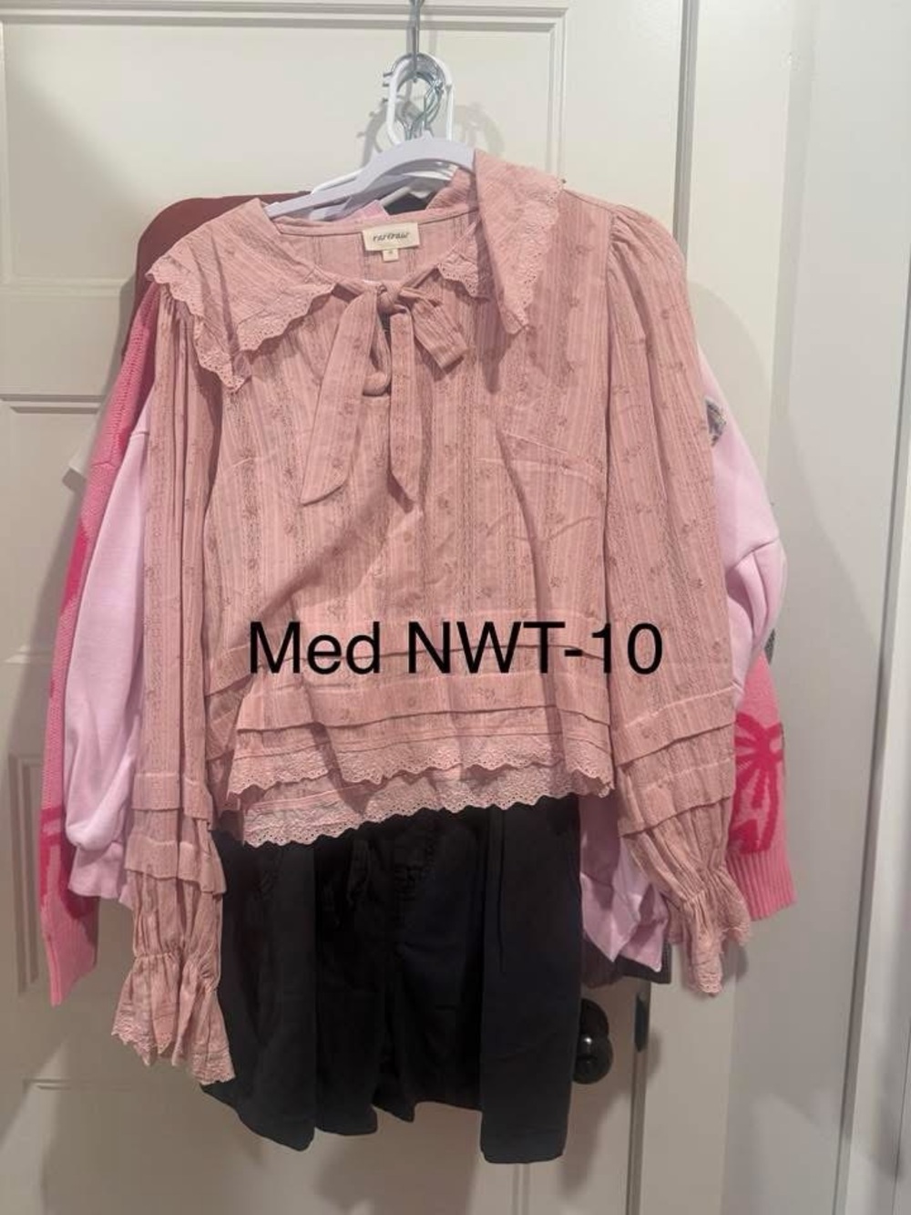 Pink Lace Trim Bow Collar Blouse